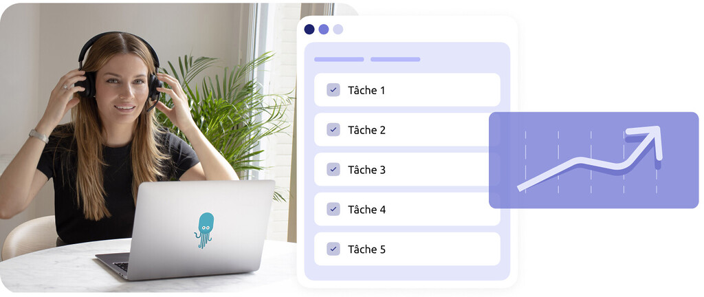 Photo d'un agent de centre de contact avec son ordinateur portable, et une interface de tâches effectuées, avec une courbe en hausse. Le  tout pour montrer l'importance d'une liste structurée de sujets à traiter lors d'un appel de découverte