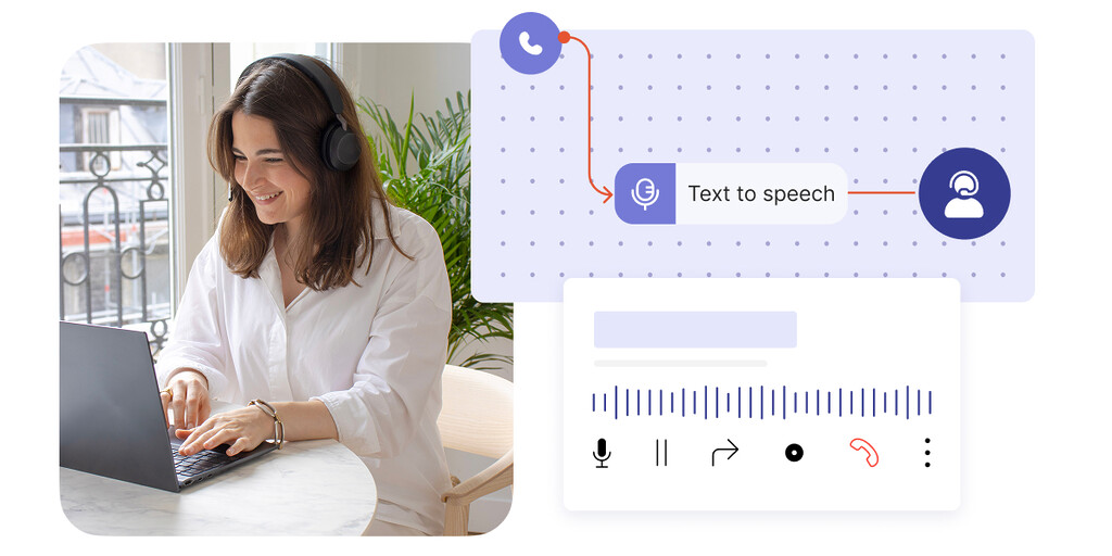 Photo d'un agent de centre de contact, ainsi qu'une interface conceptuelle d'un scénario de routage via SVI, ainsi qu'un appel en cours