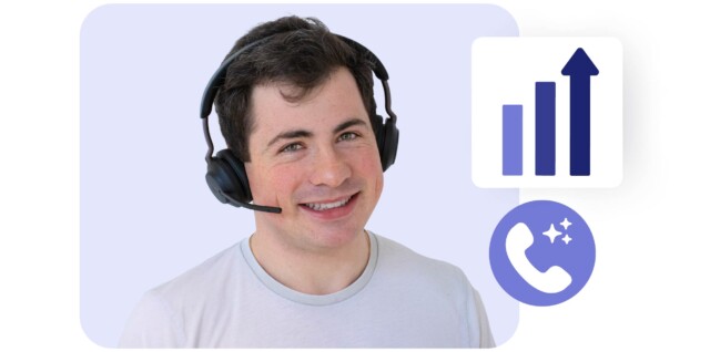 Client support agent happy showing how automatic dialer can improve agent's performance.