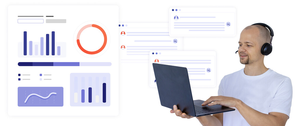 Agent de centre de contact, ainsi qu'une interface de statistiques, et une retranscription d'appel en cours d'analyse par l'IA