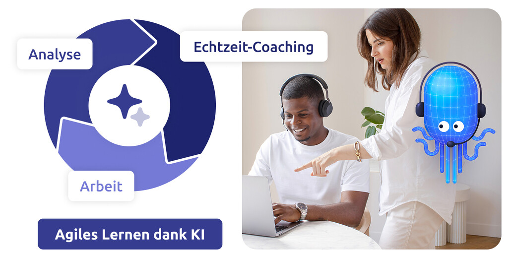 Trainerin coacht einen Call-Center-Agenten am Laptop, daneben grafische Illustration zu Analyse, Arbeit und Echtzeit-Coaching sowie ein KI-Maskottchen von Diabolocom