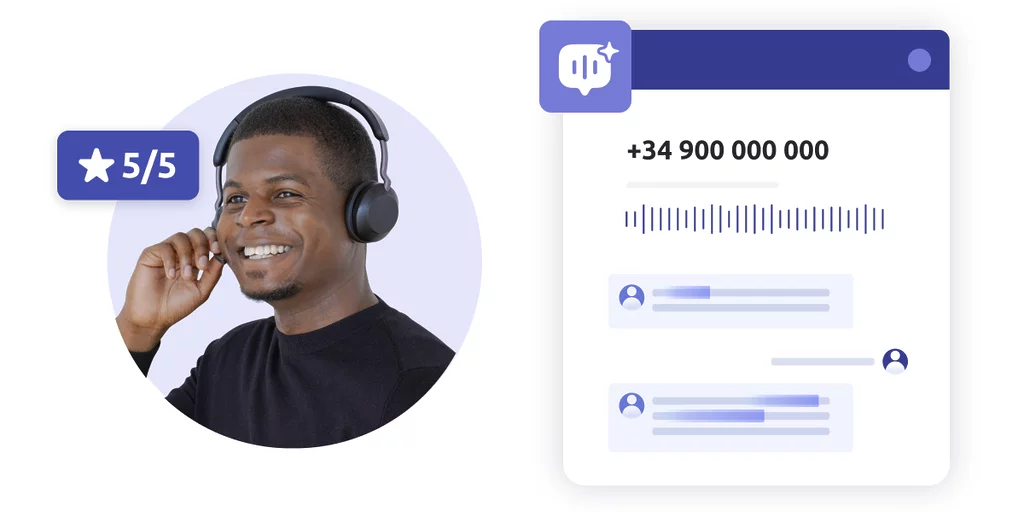 Foto de un agente de call center y una interfaz conceptual de evaluación de llamadas en call center