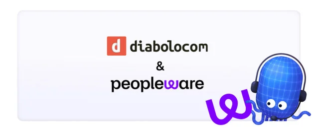 Aufschrift "Diabolocom & Peopleware" mit einem Oktopus Motiv als Diabolocom Logo und dem Peopleware Logo in der unteren Rechten Ecke.