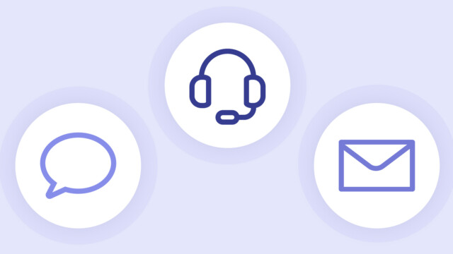 Three icons representing communication channels: a speech bubble for chat, a headset for voice calls, and an envelope for email. All are shown on a light blue background.