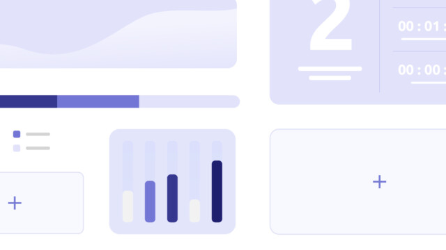 A stylized dashboard interface showing various UI elements, including charts, performance bars, and time indicators.