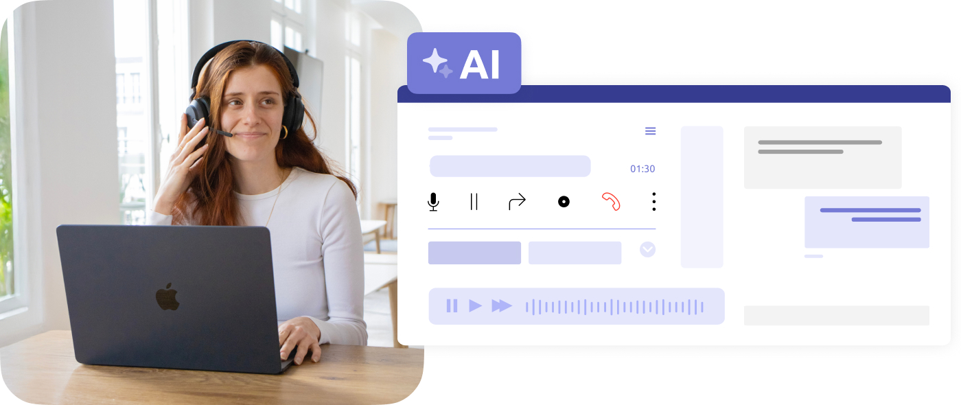 Agent picture next to a CCaaS interface for built-in customer self-care solutions