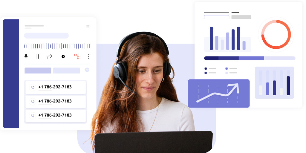 Call center agent picture, with conceptual interfaces of statistics and all logs from a cloud based call center solution