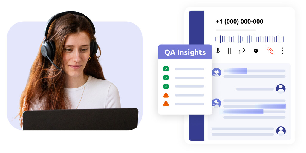 Contact center agent at the phone, and a conceptual interface with QA insights, and an ongoing customer call under conversational analysis