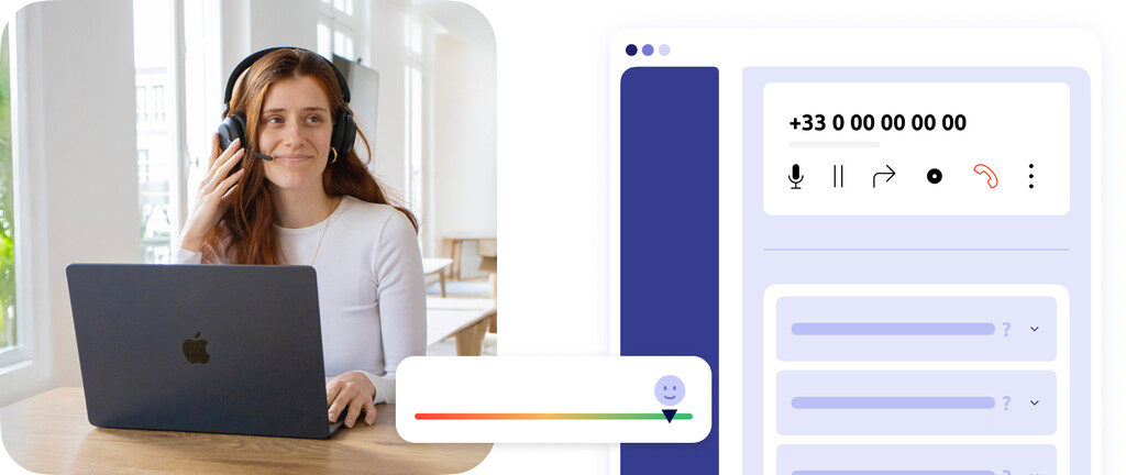 Photo d'un agent de centre de contact en communication, ainsi qu'une interface d'appel en cours avec une liste de questions pour un questionnaire de satisfaction