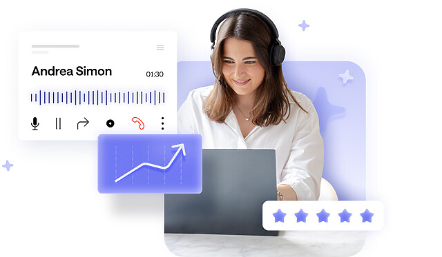Ongoing call conceptual interface, contact center agent picture and 5 stars