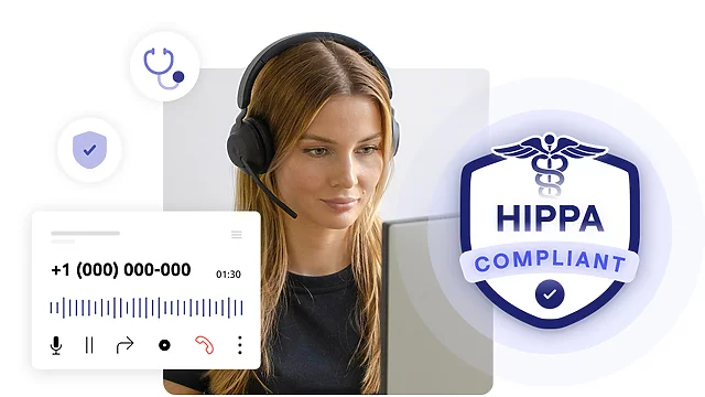 Contact center agent picture, an ongoing call conceptual interface and a HIPAA compliance representative badge