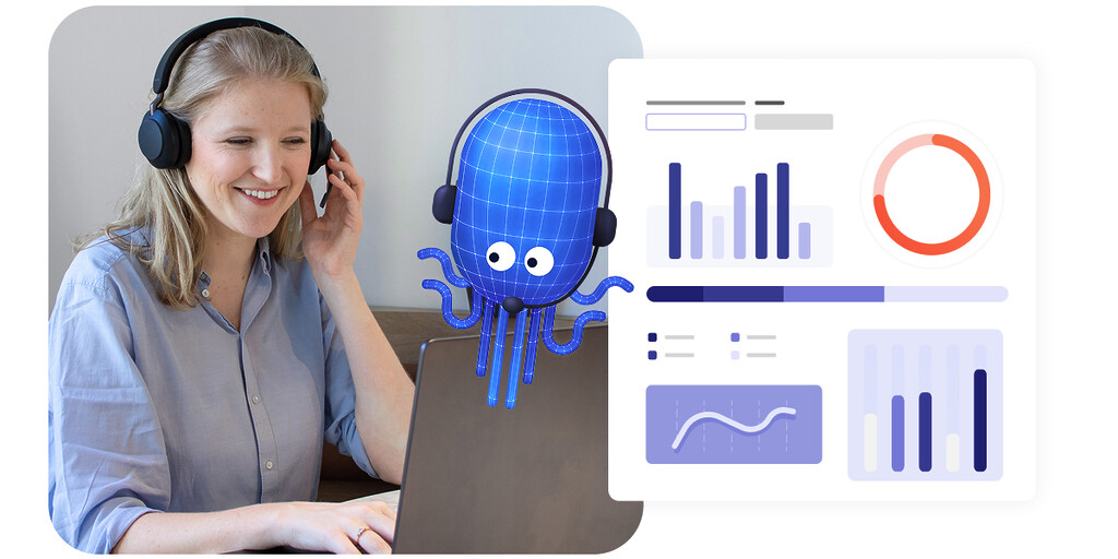 Photo d'un agent de centre de contact et une interface de statistiques