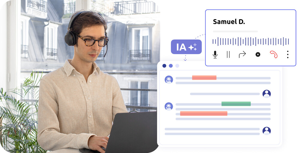 Agente de centro de contacto, una interfaz de llamada en curso y una transcripción de llamada en curso de análisis