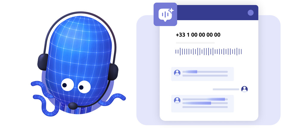 la mascotte diabolocom poulpe à gauche, avec une conversation type chat avec des ondes sonores pour représenter la communication téléphonique entre un client et un agent virtuel