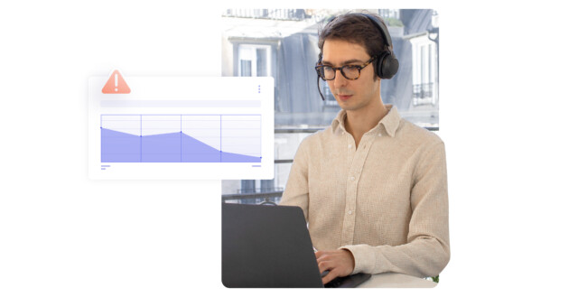 A focused support agent with glasses and a headset works on a laptop. A floating window shows a performance chart with a red warning icon, indicating a potential issue.