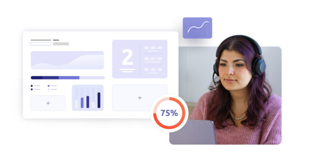 A support agent with purple hair and headphones works at her laptop. A graphical dashboard with performance stats and a 75% progress circle is displayed beside her.
