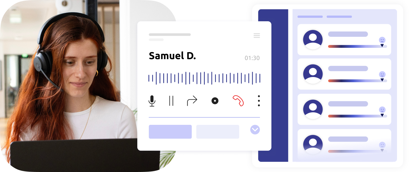 Agent de centre de contact, ainsi qu'une interface d'appel en cours avec une liste de clients et le net promoter score