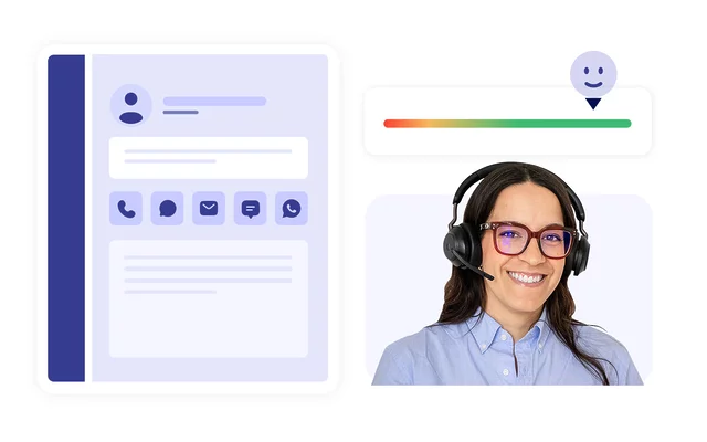 a smiling call center agent wearing a headset on the right, with a visualised agent interface on the left