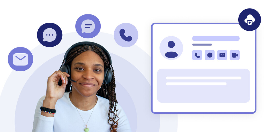 Photo d'un agent de centre de contact, avec des icônes représentant les différents modes de contact via une solution cloud pour centre de contact