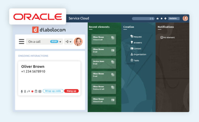 The Diabolocom agent toolbar is available in your interface through Oracle Service Cloud CTI integration.