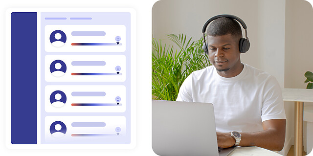 Contact center agent and a list of customers with satisfaction ratings