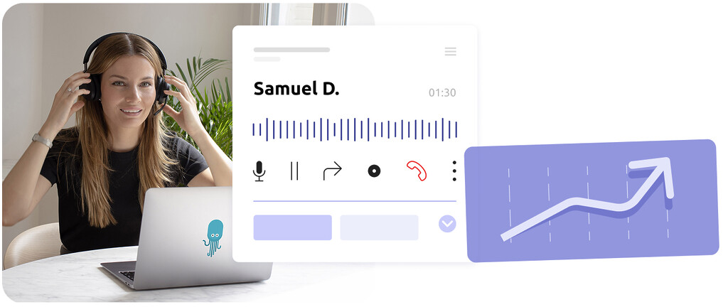 Photo d'un agent de centre de contact, une interface d'appel en cours ainsi qu'une courbe en hausse
