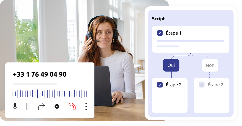 Agent de centre de contact, avec une interface d'appel en cours et un script d'appel pour prospecter au téléphone