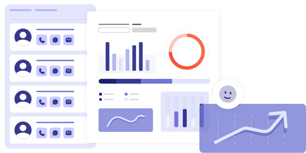 Interface avec une liste de contacts, une interface avec des statistiques et une courbe en hausse.