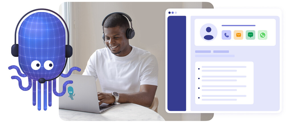Photo d'un agent de centre de contact et une interface avec une fiche prospect et les options de communication pour la prospection multicanal
