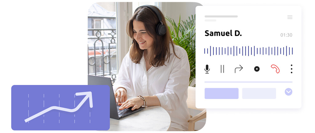 Photo d'un agent de centre de contact, une interface d'appel en cours et une courbe en hausse