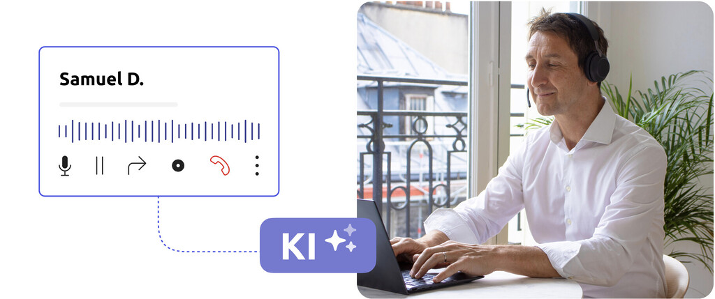 ein lächelnder agent arbeitet am Laptop, daneben die Aufschrift "KI"