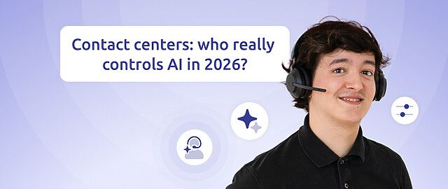 a smiling call center agent with the inscription "contact centers: who really controls AI in 2026?"