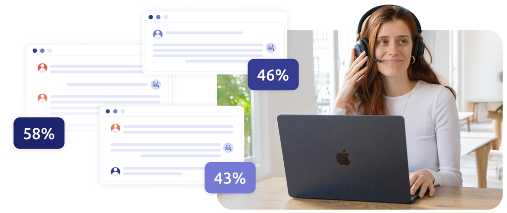 Contact center agent picture, as well as live chats with LLMs and their performance