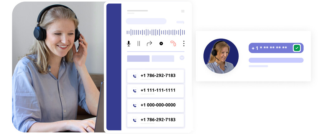 Photo d'un agent de centre de contact, ainsi qu'une interface avec des appels passés, et une interface avec son numéro de téléphone vérifié