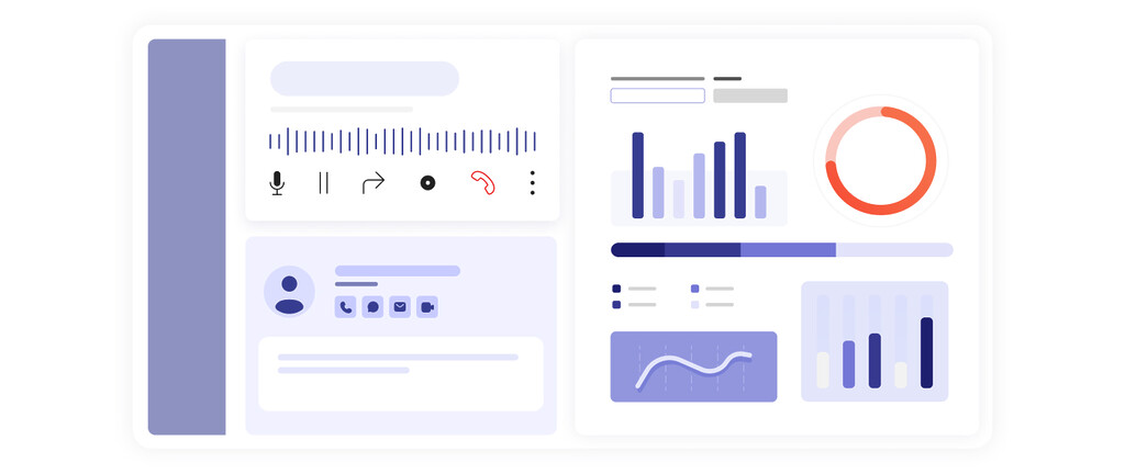 Inteface d'appel en cours, fiche client, ainsi qu'une interface de statistiques