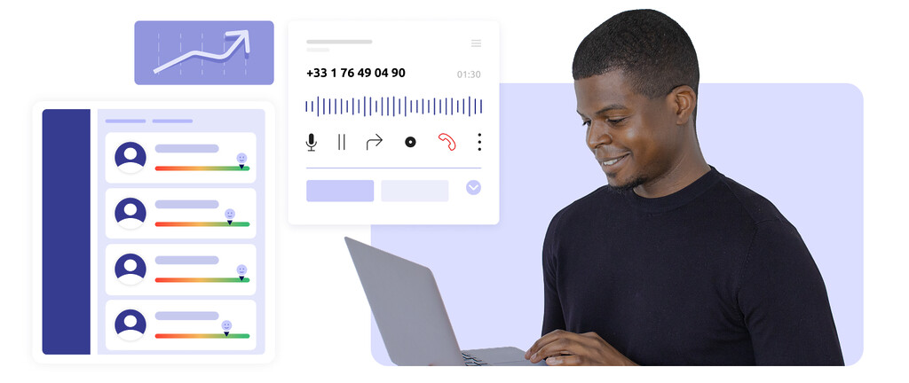 Agent de centre de contact, une interface d'appel en cours, ainsi qu'une liste de clients avec le niveau de satisfaction