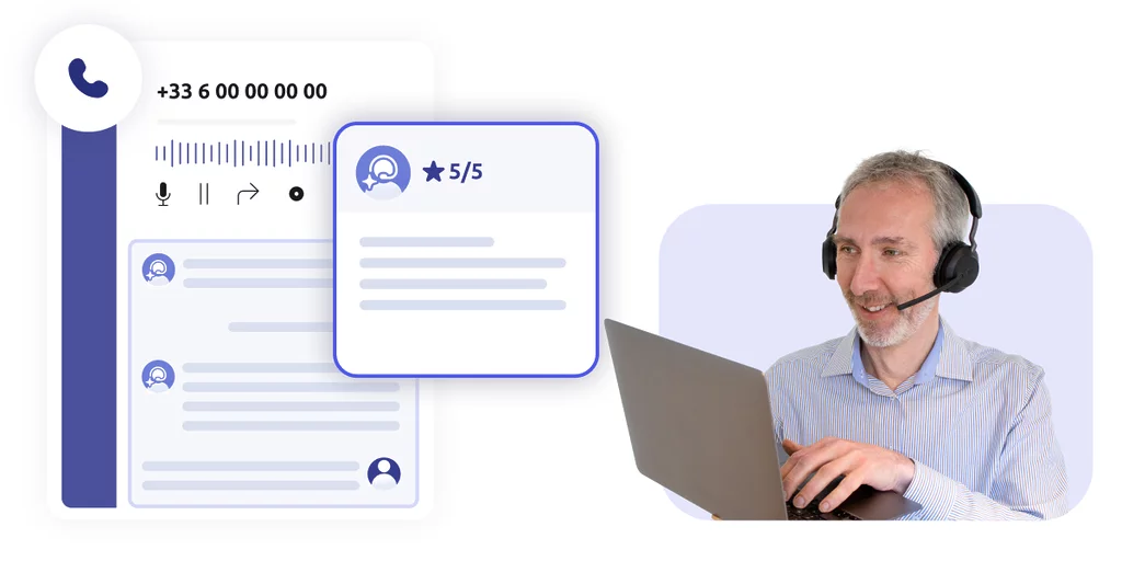 Photo d'un agent de centre de contact, ainsi qu'une interface d'appel en cours, et une retranscription IA dans un CCaaS