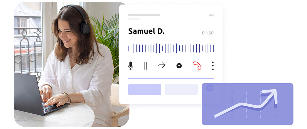 Photo d'un agent de centre de contact, une interface d'appel en cours via WebRTC, et une courbe en hausse.